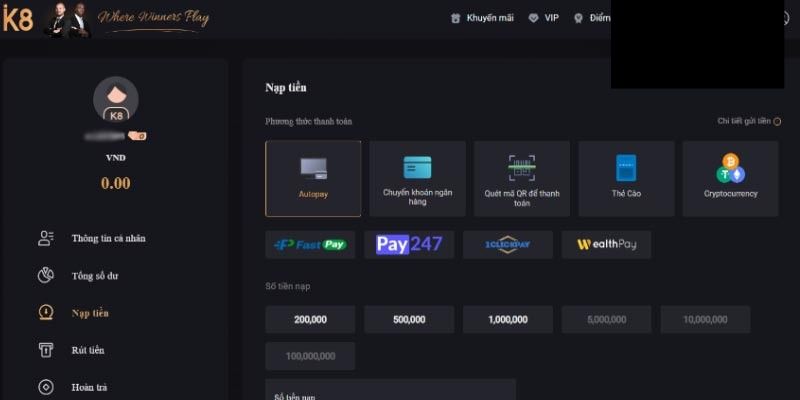 Hướng dẫn nạp tiền tại sân chơi nhà cái K8