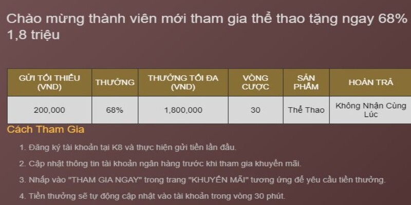 Thể lệ nhận khuyến mãi thể thao tại K8